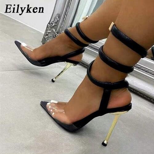 Eilyken New Summer Woman Pumps PVC Transparent Pointed Toe Fashion Ankle Strap Sandals Metal Thin High Heel Party Ladies Shoes