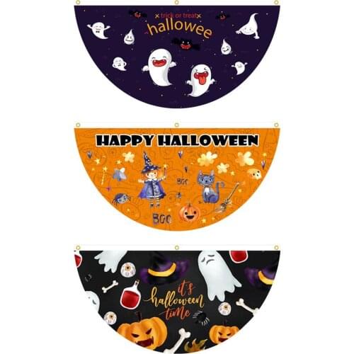 Halloween Fan Shape Flag Cute Ghost Pumpkin Pattern Curtain Banner Indoor Living Room Bedroom Curtain Accessories