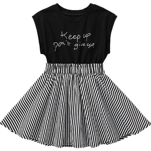 Girl’s Summer Casual Sleeveless Dress Fashion Letter Stripe Stitching A-line Princess Dress