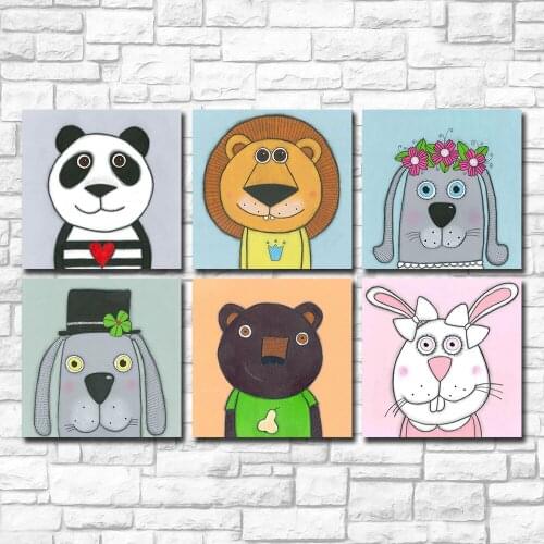 Fashion Wall Pictures 6 Pcs/Set Modern Cartoon Lovely Animals Oil Painting Wall Art Print on Cancas For Kids Room No Frame