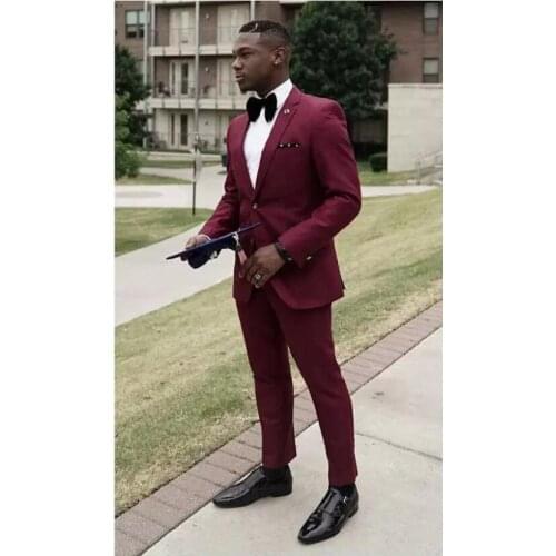 Burgundy 2 Piece Men Suits Notched Lapel Two Button Prom Suits Slim Fit Blazer Jacket Men Tuxedos Groom Wedding Suits Coat+Pant