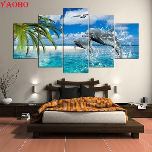 5 pcs Full Square round Drill 5D DIY Diamond Painting Seascape Dolphins Multi-pictures Combination 3D Embroidery Mosaic Decor