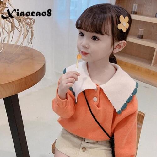 Autumn Toddler Baby Girl Fall Clothes Turn-down Collar Button Knitted Sweater for Girls 2-9Years Childrens Clothing Sweaters