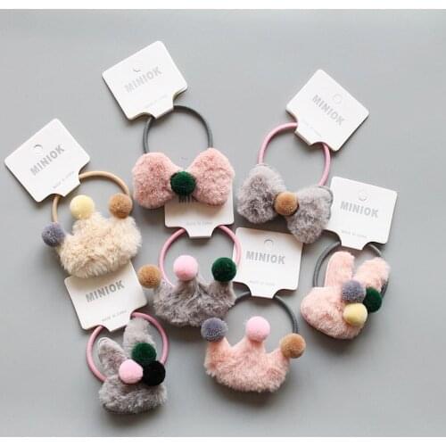 10pcs/lot Cute Girls' Faux Fur Pom Pom Ball Crown Hair Ties Bunny Ear Seamless Elastic Hair Bow Hairband Hair Accessories HT012
