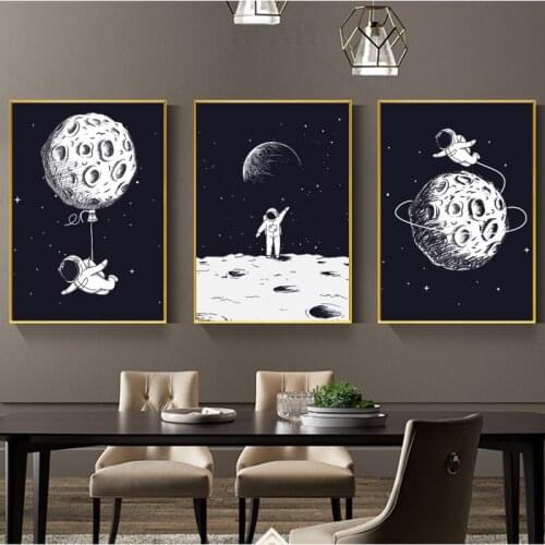 Cartoon Astronaunt Black and White Moon Space Modern Canvas Painting Nursery Kids Room Decoration Cuadros Poster Print No Frame