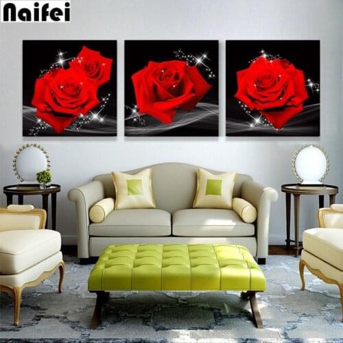"Flower"diamond embroidery Red rose picture,3-piece set full drill diamond mosaic of rhinestones cross-stitch home decoration
