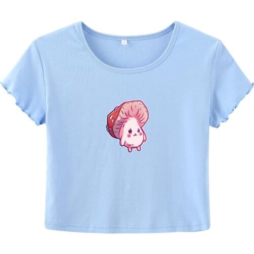Cute Pink Mushroom Crop tshirt Harajuku kawaii style mushroom Rib Slim crop top Ruffled sleeves women aesthetic art vintage tee