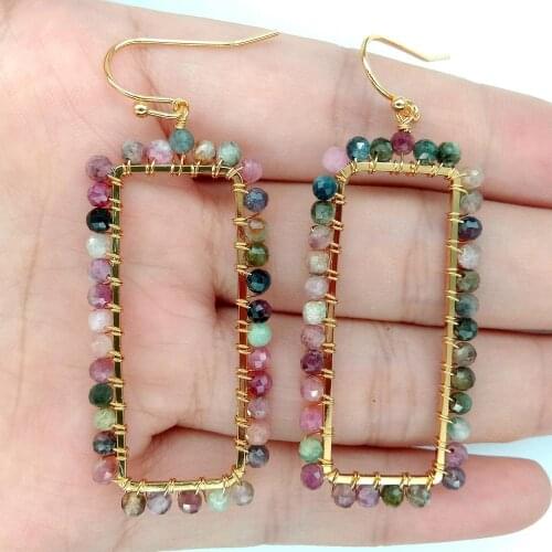 YYGEM natural 3MM Faceted round Rainbow Tourmaline Gold filled Big Rectangle loop hook Earrings luxury handmade for women