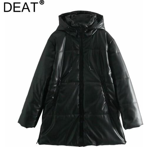 [DEAT] 2021 Autumn New Fashion Tide PU Leather Jacket Long Sleeve Hooded Solid Color Thickening Loosecotton-padded Women