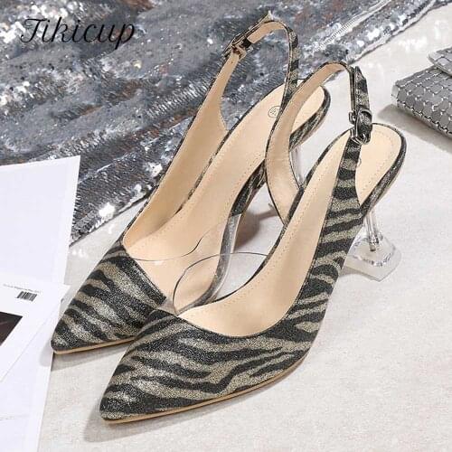 Tikicup Sparkly Women Leopard Slingback Pumps Summer 7cm High Heel Fashion Party Shoes Chic Ladies Pointed Toe Stilettos