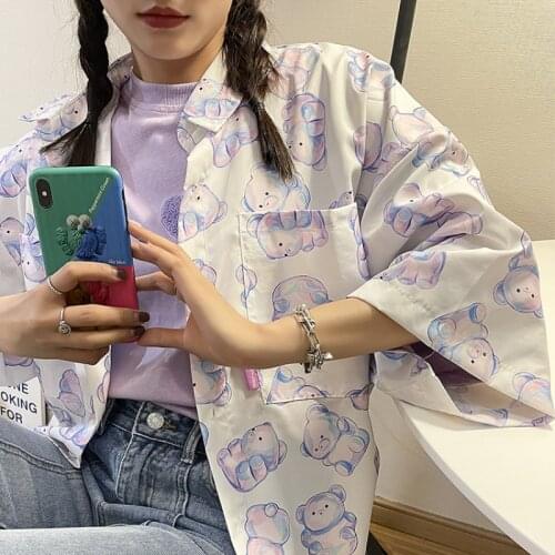 Deeptown Kawaii Blouse Women Funny Bear Print Cardigan Cute Tops Short Sleeve Shirt Summer Hawaii Korean Style 2021 Soft Girl