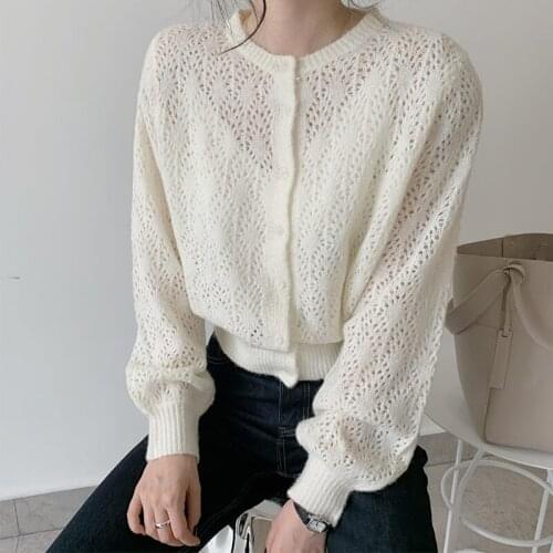 Autumn Knitted Cardigan Sweater Ladies Fashion Long Sleeve Hollow Tops Casual Single Breasted Loose Streetwear Wild Female Coat