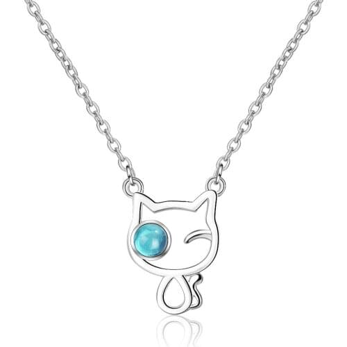 Sweet Lovely 925 Sterling Silver Cat Necklace For Women Blue Crystal Eye Animal Chain Necklace