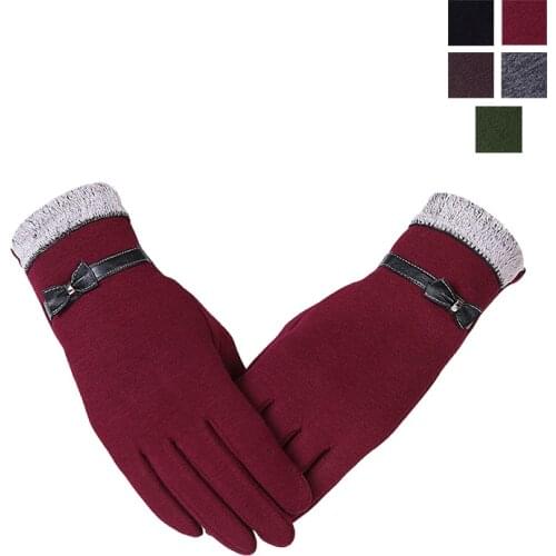 5 Color Fashion Womens Gloves Screen Winter Warm Cute Bow Soft Wrist with Girls Gift Gloves Mittens Full Cashmere Female Gloves