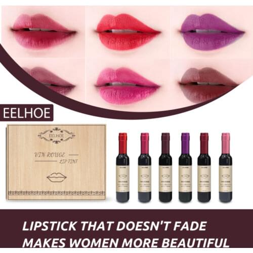 6 Colors Red Wine Bottle Shape Lip Glaze Lipstick Liquid Moisturizer Nutritious Gloss Girls Sexy Lasting Maquiagem TSLM1