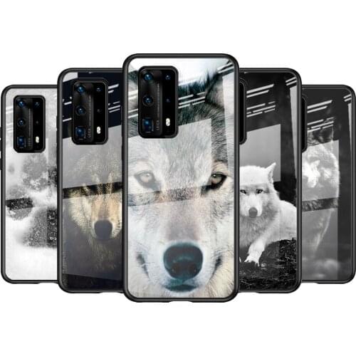 Tempered Glass Cover Cute Black Wolf Print For Huawei P40 P30 P20 P10 Pro Plus Lite 5G 2019 Shockproof Shell Phone Case