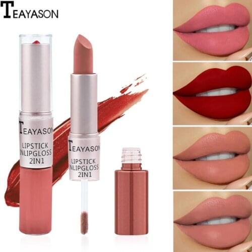 TEAYASON 2-in-1 Double Head Long Lasting Matte Bean Paste Color Matte Lip Gloss Liquid Lipstick Lip Tint Makeup Lips Liner TSLM1
