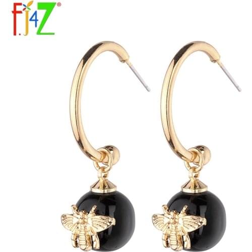 F.J4Z New Designer Earrings Fashion Top Brand Nature Stone Bead Honey Bee Insect Drop Earings For Women Hot Ins Jewelry