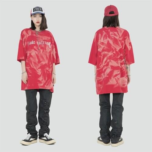 Irregular Printed Oversized T-shirt Women 2021 Summer Round Neck Loose Girl Tshirts Streetwear Clothing Red Black