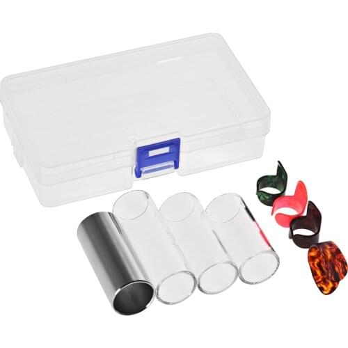 Guitar Slides Set with 3 Glass Slides +1 Stainless Steel Slide + 4pcs Celluloid Thumb Finger Picks Random Color with Plastic Box