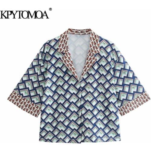 KPYTOMOA Women 2021 Fashion Geometric Print Loose Blouses Vintage Short Sleeve Button-up Female Shirts Chic Tops