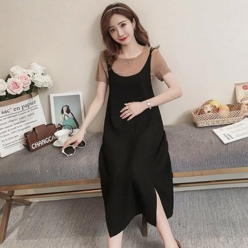 Summer Maternity Long Dress 2PCS/Set Pregnant Women Fashion Side Splits Sling Dress Short sleeve T-shirt Pregnant Clothes