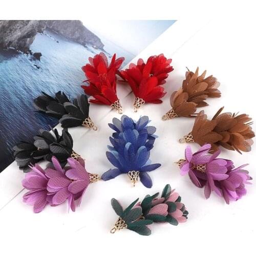 2Pcs Mix Design Chiffon Flower Tassel Fabric Charms Pendants Supplies Tassels For Necklace Bracelet Making Earring Accessories