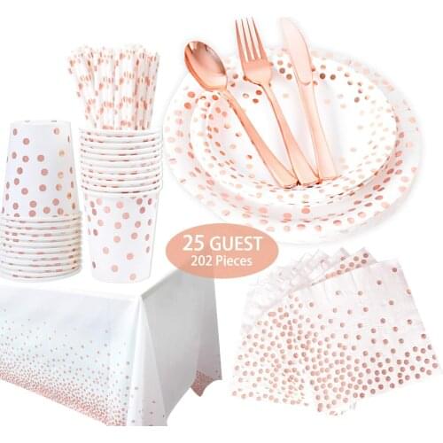 Rose Gold Decorations Paper Plates Disposable Dinnerware Polka Dot Party Supplies Tableware for Wedding Bridal Shower Birthday