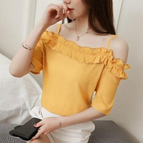 Chiffon shirt female 2019 summer new short-sleeved ruffled super fairy word collar temperament sweet strapless sling