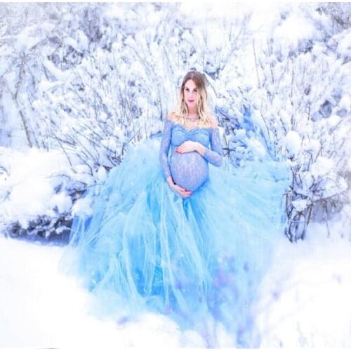 Light Blue Long Maternity Dress Mermaid Style Baby Shower Maternity Gown Photoshoot Lace Bathrobe Nightwear Pregnancy Dresses