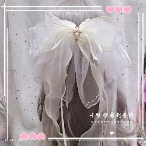 Vintage Costume Cos Lolita Sweet Princess Fan Lolita Oversized Lace Bow Flower Wedding Bridal Headdress