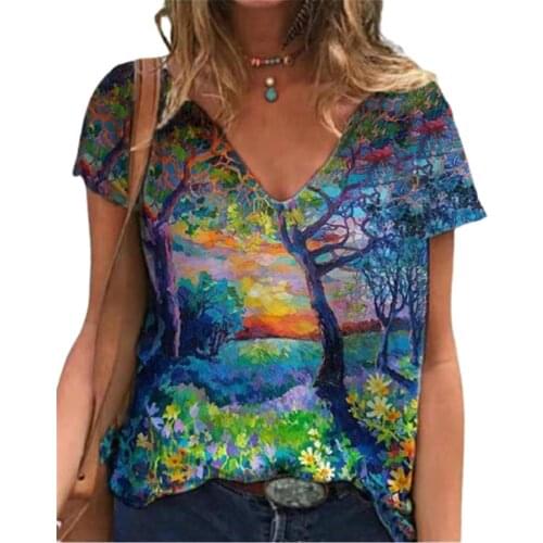 5XL Tree Print Big Size 2021 Women Loose T-Shirts V-Neck Short Sleeve Summer Casual Tee Tops Lady Oversized Streetwear T-Shirt