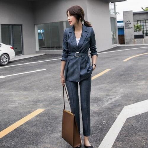 Set womens fashion small suit OL casual two-piece 2019 spring and autumn new fit striped white-collar womens clothes