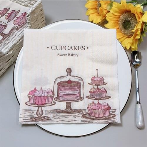 20Pcs/Pack Cute Cupcake Decoupage Paper Napkins Afternoon Tea Dessert Paper Tissues for Party Decor Western Restaurant Supplies