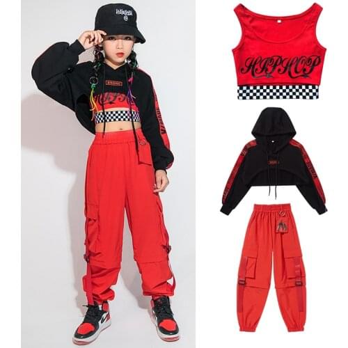 2021 Ballroom Hip Hop Dance Clothing For Girls Black Hoodie Tops Red Loose Pants Jazz Modern Dance Costumes Rave Clothes DN8330