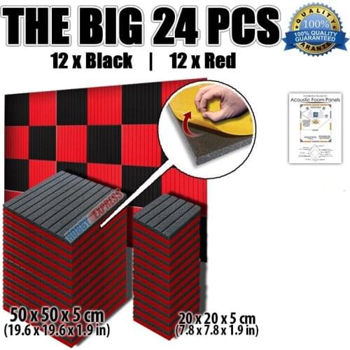Arrowzoom 24 pcs Black and Red Set Flat Wedge Acoustic Tile Panel Soundproofing Adhesive Studio Foam KK1054