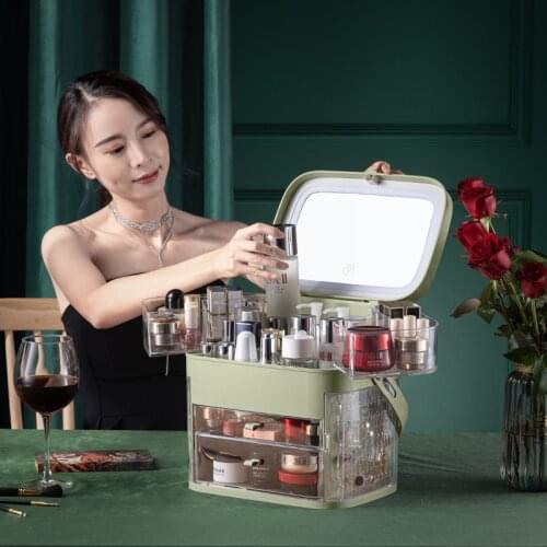Large Capacity Cosmetic Storage Box With LED Makeup Mirror Waterproof Makeup Organizer Bathroom Beauty Storage Drawer Rack