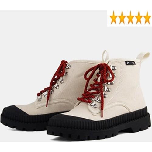 Fashion Women Canvas Work New Safety Lace Up Winter Ladies Fleece Lining Ankle Boots Casual Streetwear Moto Biker Shoes
