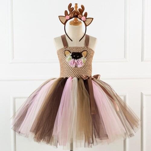 Flower Deer Tutu Dress Tulle Baby Girls Christmas Birthday Party Dress Kids Halloween Reindeer Elk Cosplay Costume With Headband