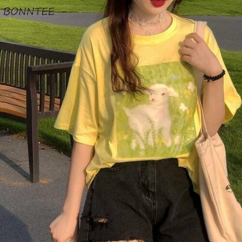 T-shirts Women Streetwear Cool Lamb-printed Girls Fashionable O-neck Summer All-match Tee Lovely Y2k Design Clothing Hipster Ins