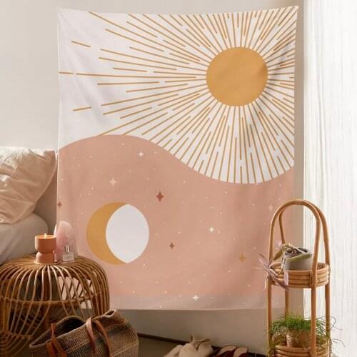 Yin Yang Moon Phase Tapestry Wall Hanging Pink Celestial Wall Tapestry Hippie INS Wall Carpets Dorm Decor Starry Sky Carpet