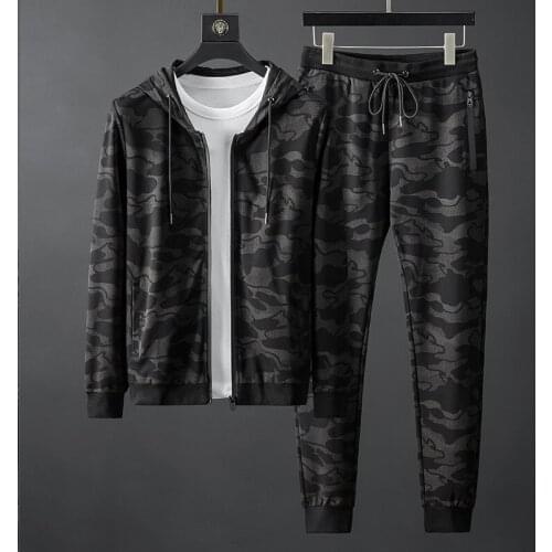 Camouflage casual sports suit mens autumn hooded long-sleeved tide brand sweater jacket fashion two-piece suit