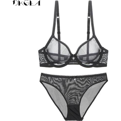Classic Solid Black Brassiere Gauze See Through Bra Set Sexy Hollow Out Bras Transparent Underwear Sets For Women Lingerie 2019