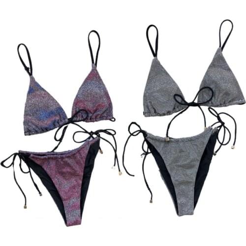 Bikini Set Bandage Shinny Two Piece Set Swimwear Women Sexy Spaghetti Straps Bra G-string Swimsuit Summer Beach Wear Bathing Sui