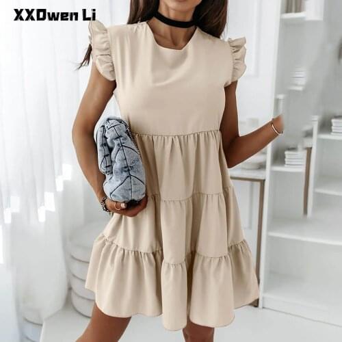 Summer Fashion Sleeveless Pure Color Woman Mini Dress 2021 Ladies Casual Loose Ruffles Flying Sleeve Patchwork Dresses For Women