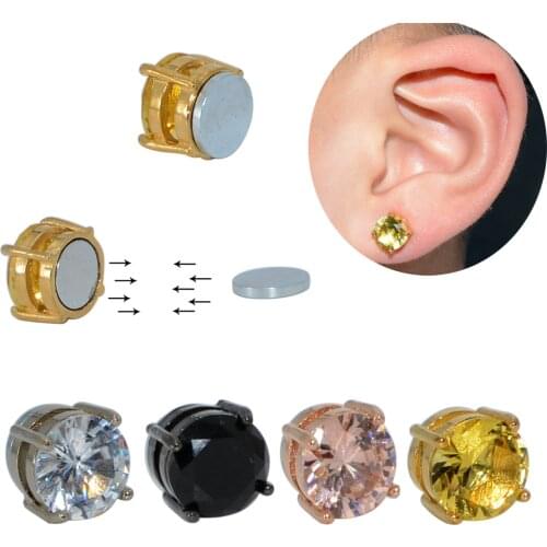 1Pc Non Piercing Prong Set Zircon Magnetic Ear Stud Punk Men Fake Magnet Earrings Body Jewelry Magnetic Tunnel Plugs Piercing