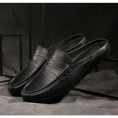 Mazefeng Fashion Men Leather Slippers Outdoor Half Loafers Lightweight Half Shoes Breathable Mules for Man Summer Casual Sandals