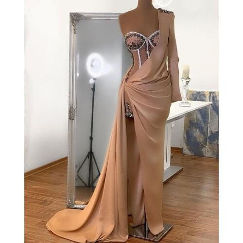 Trendy 2 Pieces Crystal Beaded Short Prom Party Dresses Elegant One Shoulder Long Sleeves Evening Gown Custom Made Fashion Party