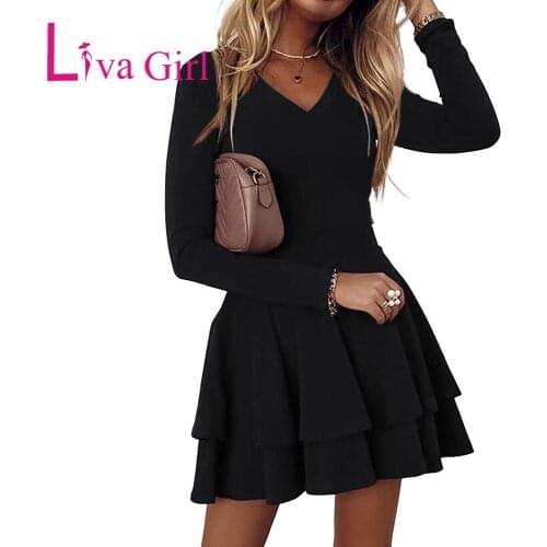 Liva Girl Elegant Long Sleeve V Neck Tiered Ruffle Woman A-line Mini Dress 2021 Autumn Spring Female Sexy Slim Party Short Dress