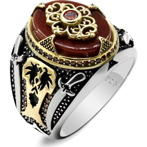 Genuine New Product Printed Natural Red Agate 925 Silver Mens Ring Middle East Machete Coconut Tree Retro Turkish Ring Jewelry